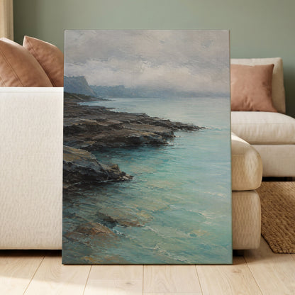Mistbound Shore, blue, gray, brown nature wall art displayed in a styled interior, gallery view 3