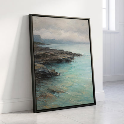 Mistbound Shore, blue, gray, brown nature wall art displayed in a styled interior, gallery view 4