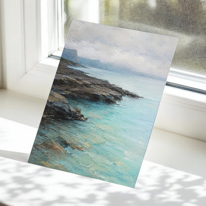 Mistbound Shore, blue, gray, brown nature wall art displayed in a styled interior, gallery view 5