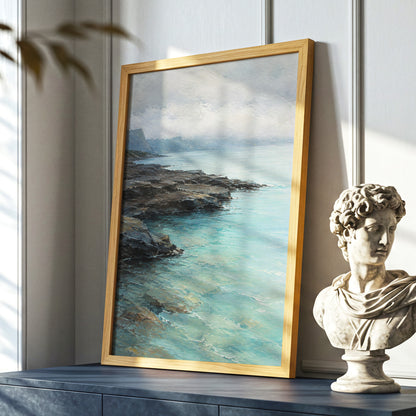 Mistbound Shore, blue, gray, brown nature wall art displayed in a styled interior, gallery view 6