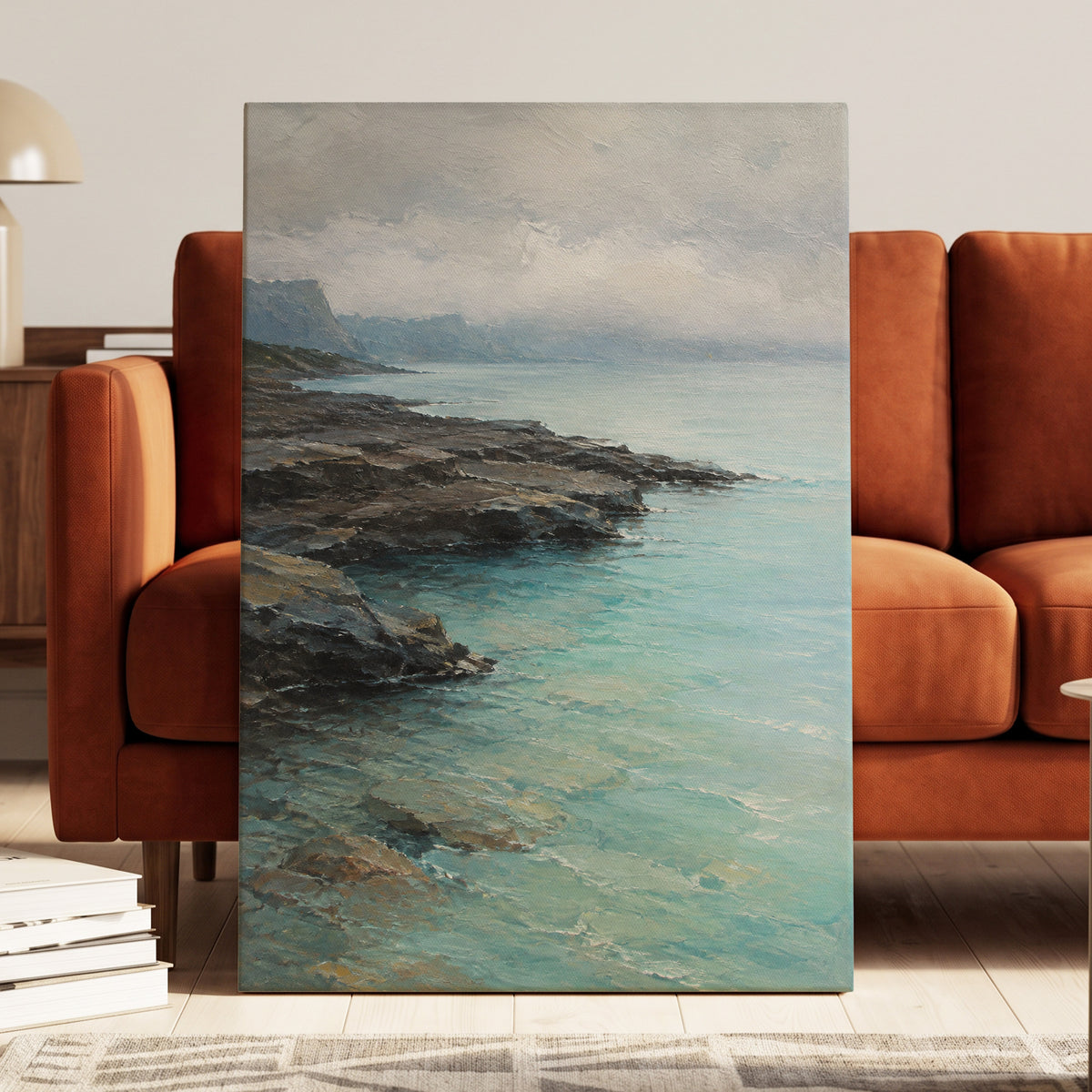 Mistbound Shore, blue, gray, brown nature wall art displayed in a styled interior, gallery view 7