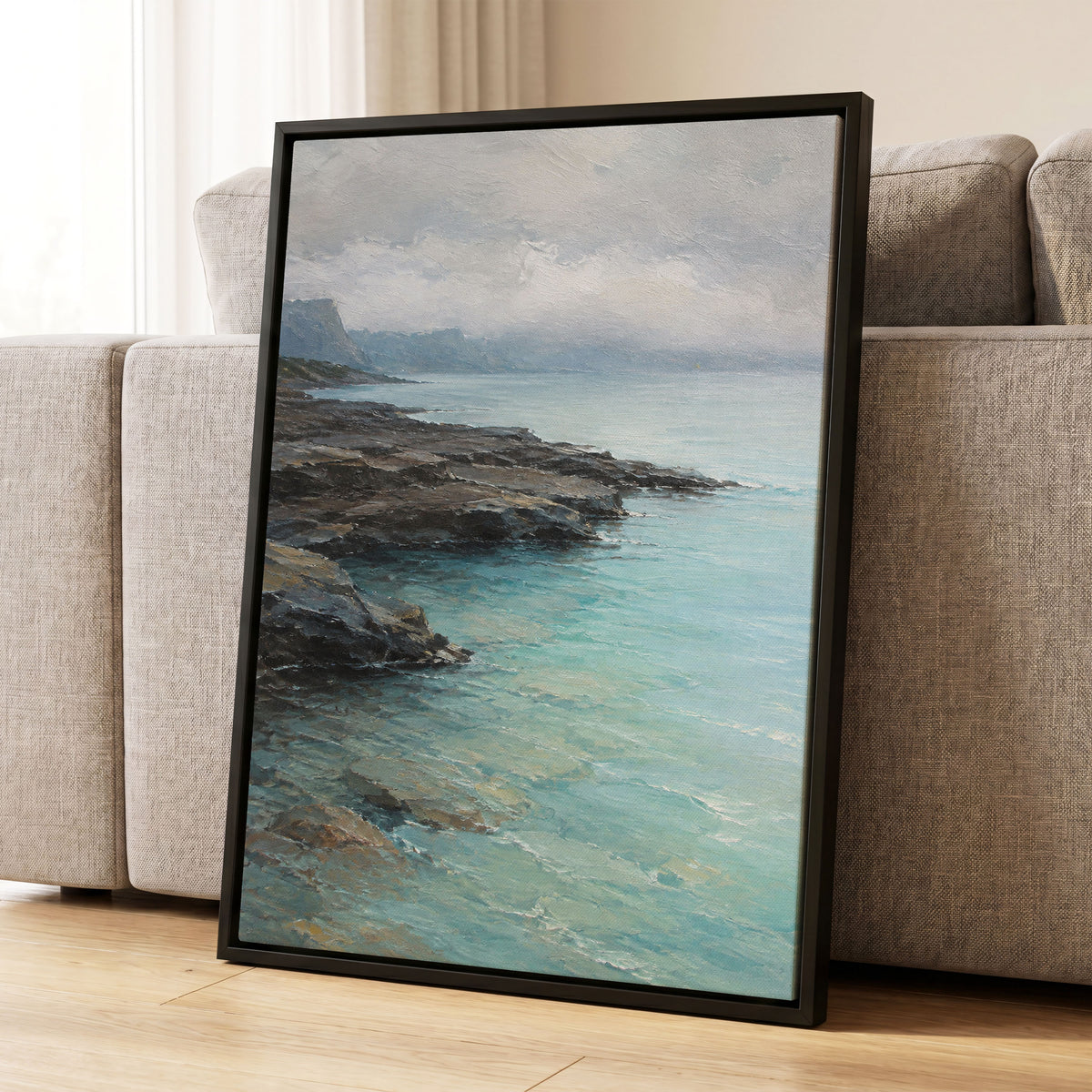 Mistbound Shore, blue, gray, brown nature wall art displayed in a styled interior, gallery view 8
