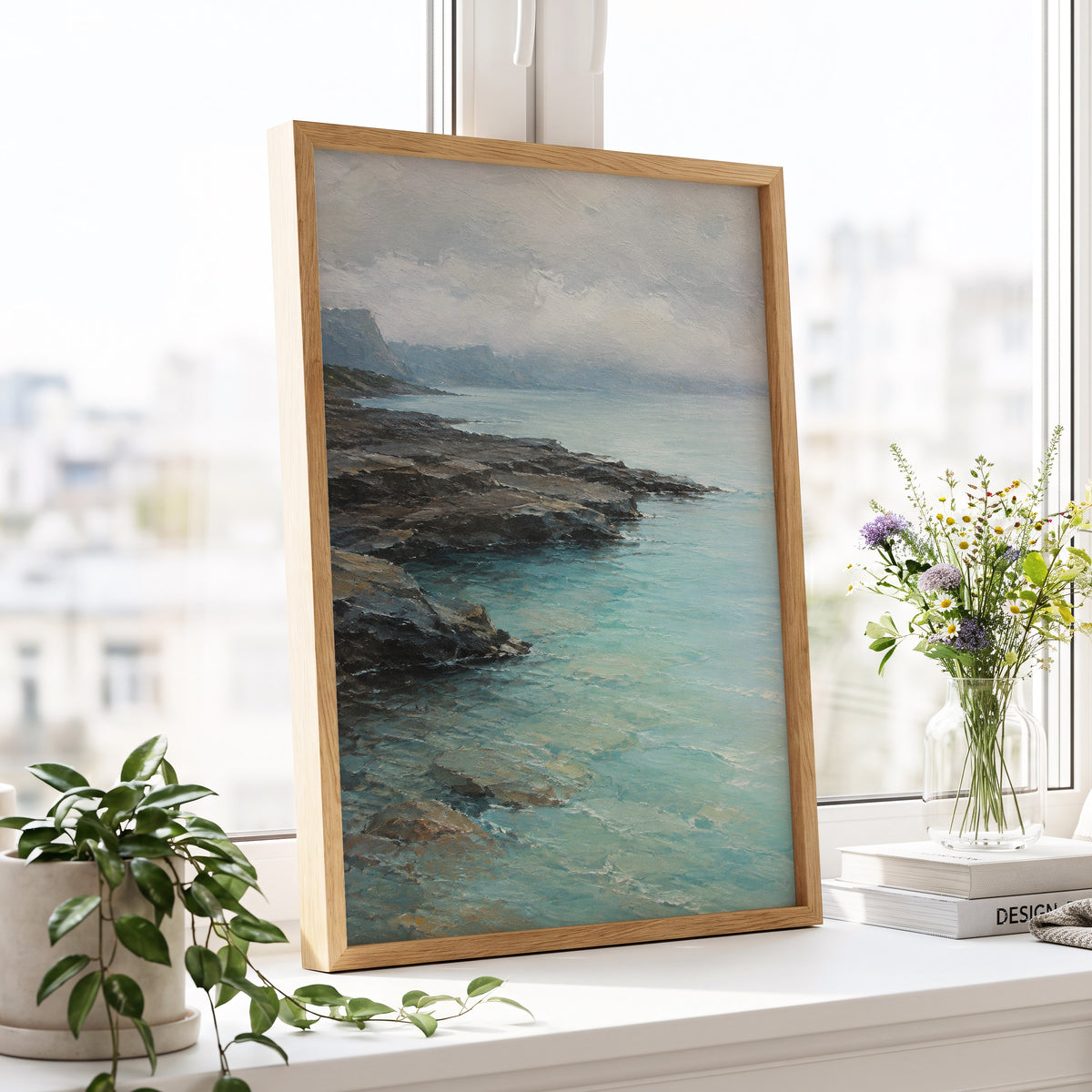 Mistbound Shore, blue, gray, brown nature wall art displayed in a styled interior, gallery view 9