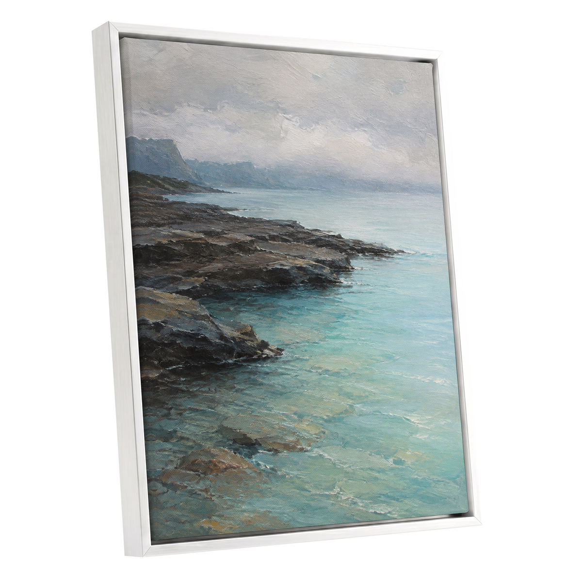 Mistbound Shore, blue, gray, brown nature wall art shown as a white framed canvas wall art