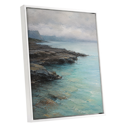 Mistbound Shore, blue, gray, brown nature wall art shown as a white framed canvas wall art