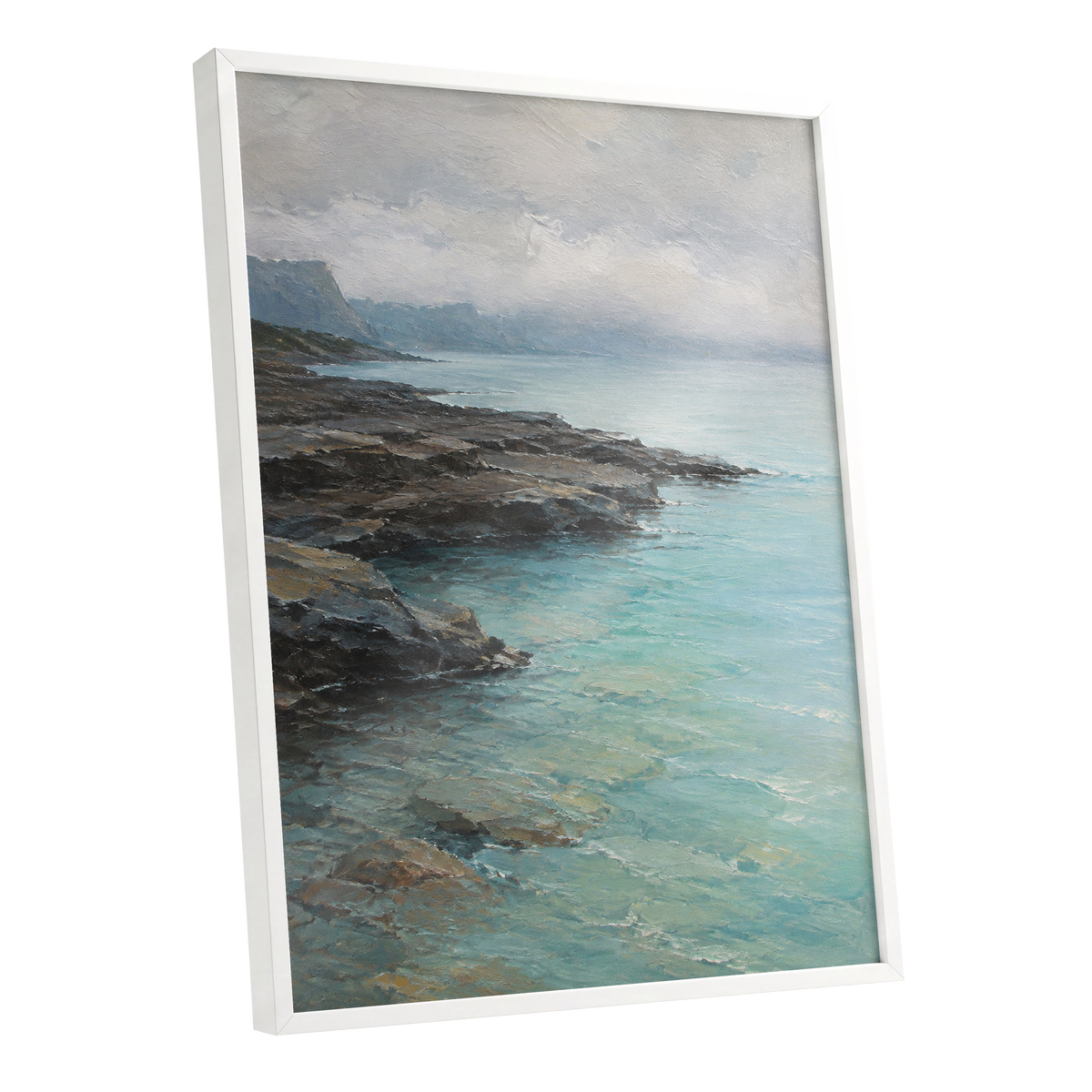 Mistbound Shore, blue, gray, brown nature wall art shown as a white framed poster wall art print