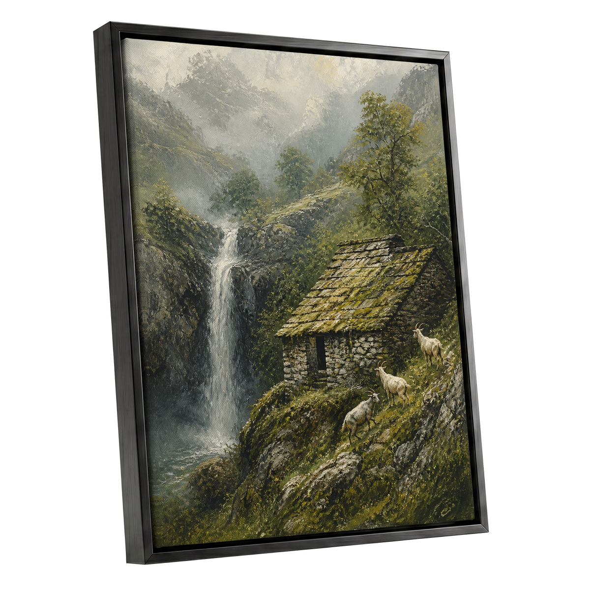 Misty Mountain Refuge, green, gray, beige nature wall art shown as a black framed canvas wall art