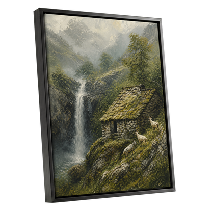 Misty Mountain Refuge, green, gray, beige nature wall art shown as a black framed canvas wall art