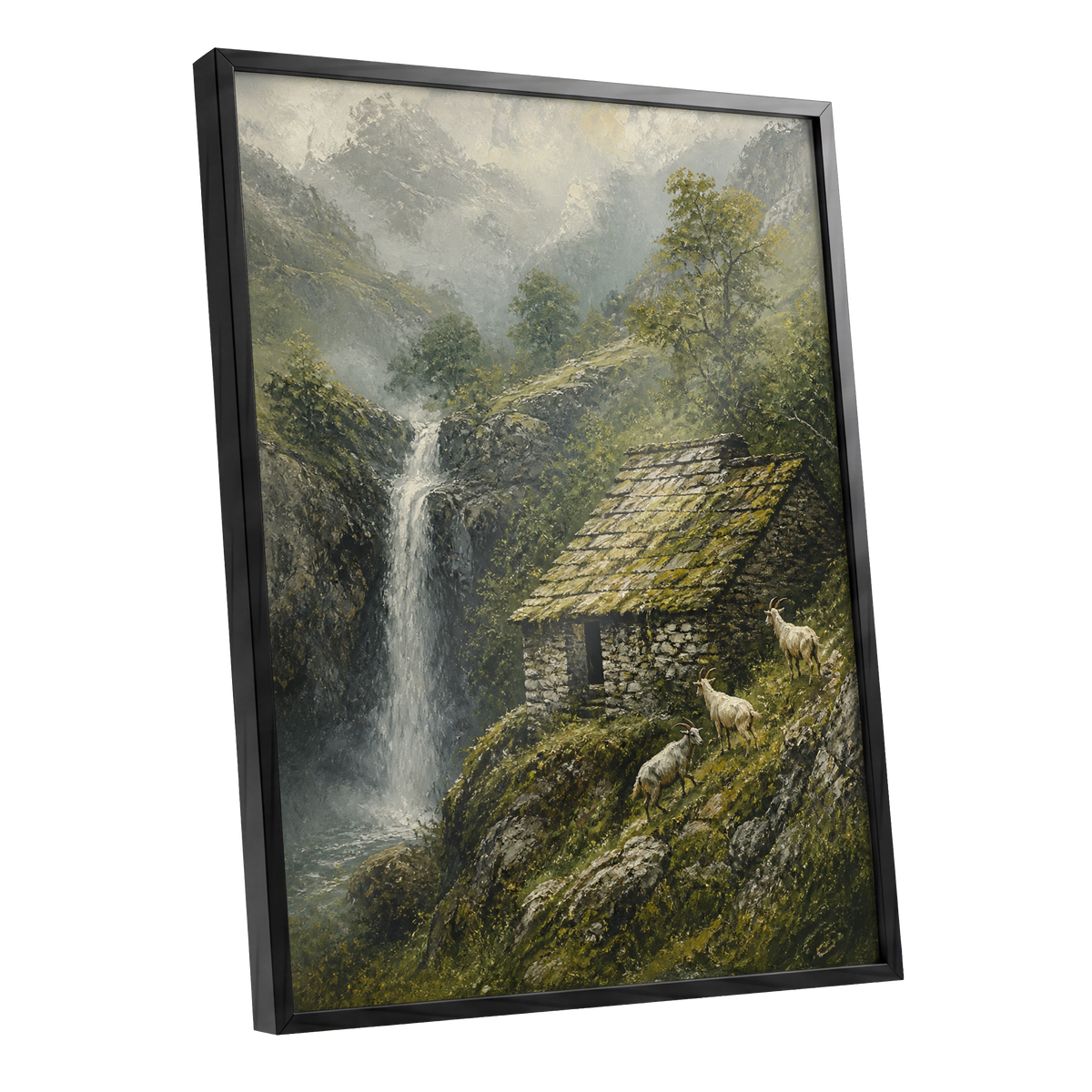 Misty Mountain Refuge, green, gray, beige nature wall art shown as a black framed poster wall art print