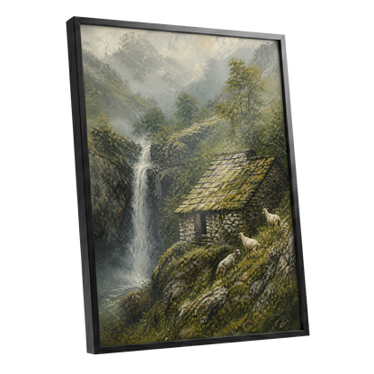 Misty Mountain Refuge, green, gray, beige nature wall art shown as a black framed poster wall art print