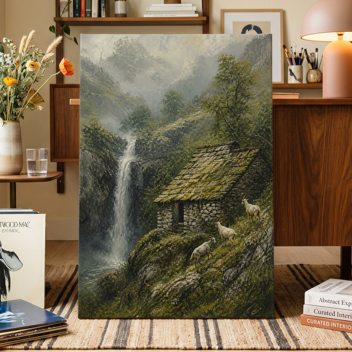 Misty Mountain Refuge, green, gray, beige nature wall art on canvas displayed in a styled interior, gallery view 1