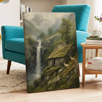 Misty Mountain Refuge, green, gray, beige nature wall art on canvas displayed in a styled interior, gallery view 2