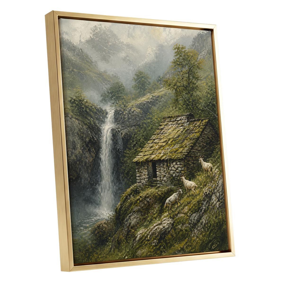 Misty Mountain Refuge, green, gray, beige nature wall art shown as a gold framed canvas wall art