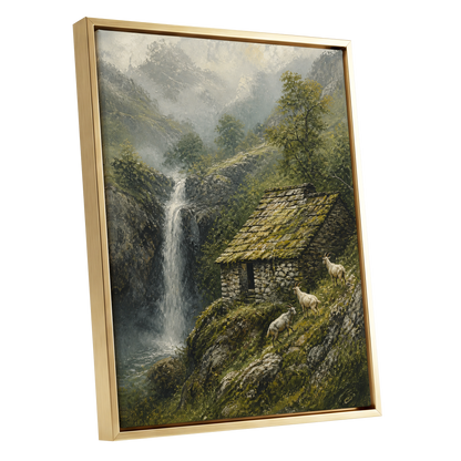 Misty Mountain Refuge, green, gray, beige nature wall art shown as a gold framed canvas wall art
