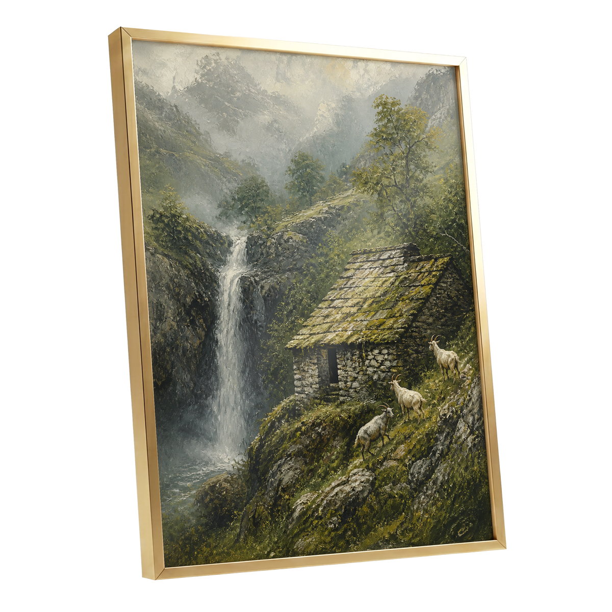 Misty Mountain Refuge, green, gray, beige nature wall art shown as a gold framed poster wall art print