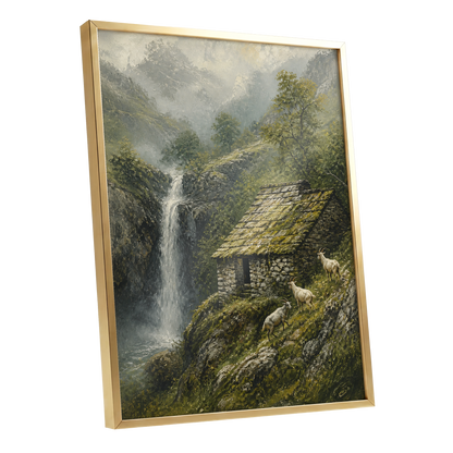 Misty Mountain Refuge, green, gray, beige nature wall art shown as a gold framed poster wall art print