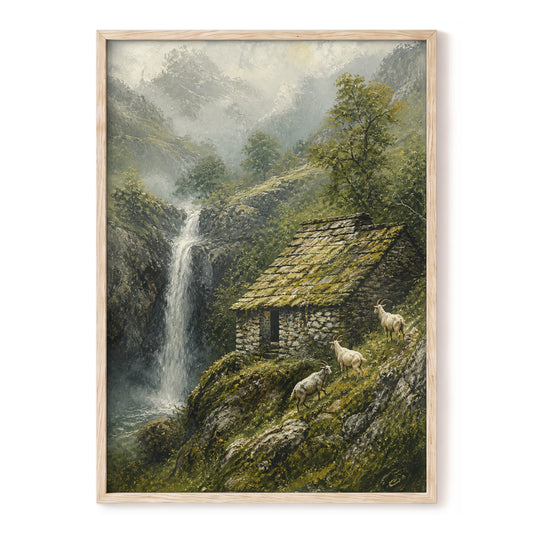 Misty Mountain Refuge, green, gray, beige nature wall art, front artwork view