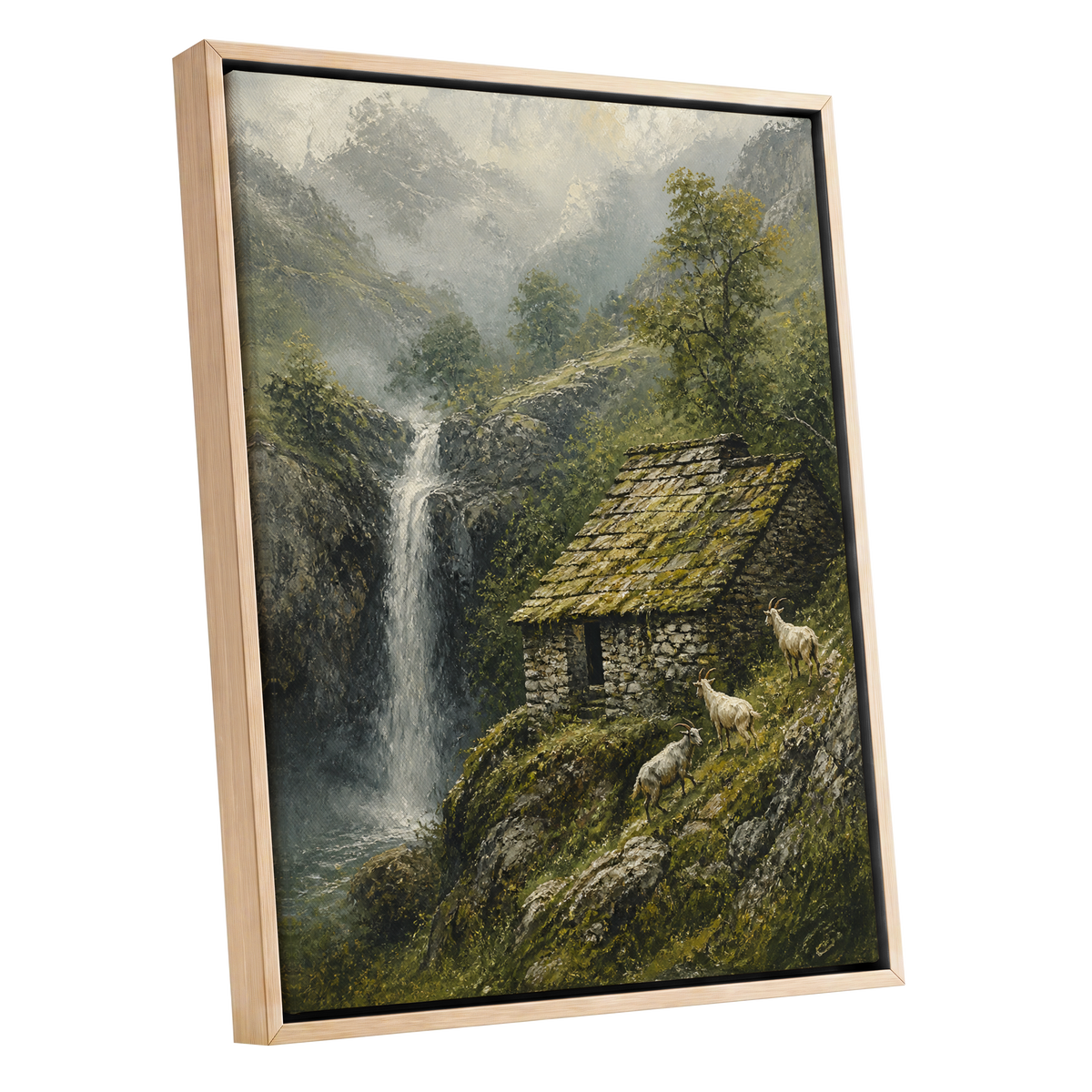 Misty Mountain Refuge, green, gray, beige nature wall art shown as a oak framed canvas wall art