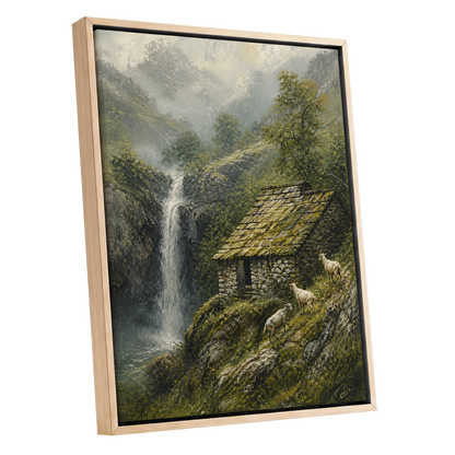 Misty Mountain Refuge, green, gray, beige nature wall art shown as a oak framed canvas wall art