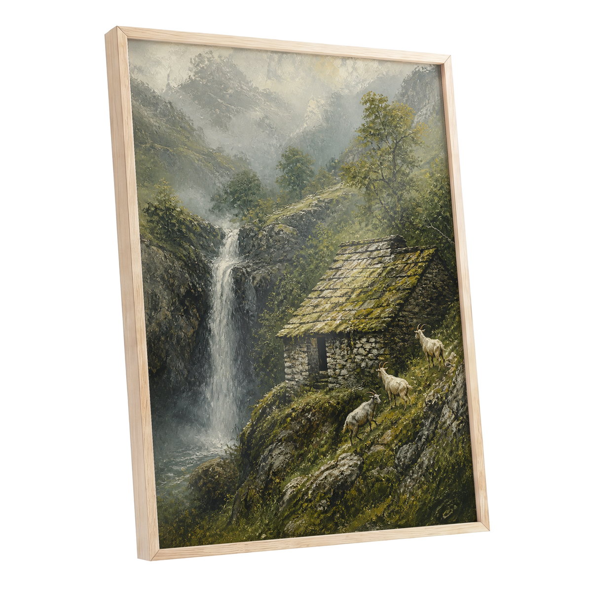Misty Mountain Refuge, green, gray, beige nature wall art shown as a oak framed poster wall art print