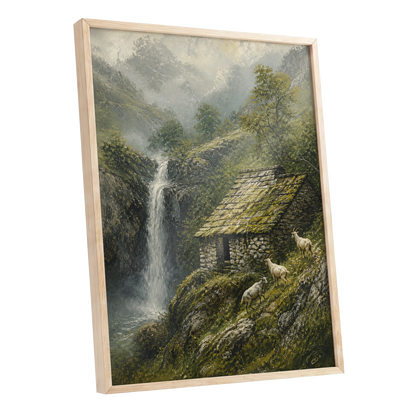 Misty Mountain Refuge, green, gray, beige nature wall art shown as a oak framed poster wall art print
