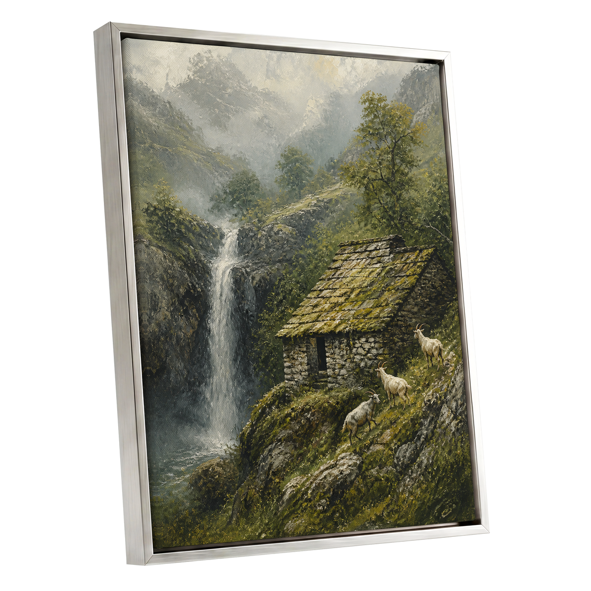 Misty Mountain Refuge, green, gray, beige nature wall art shown as a silver framed canvas wall art