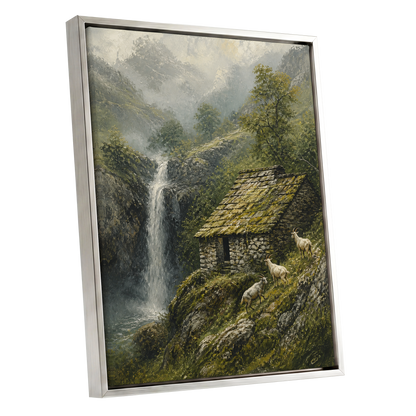 Misty Mountain Refuge, green, gray, beige nature wall art shown as a silver framed canvas wall art