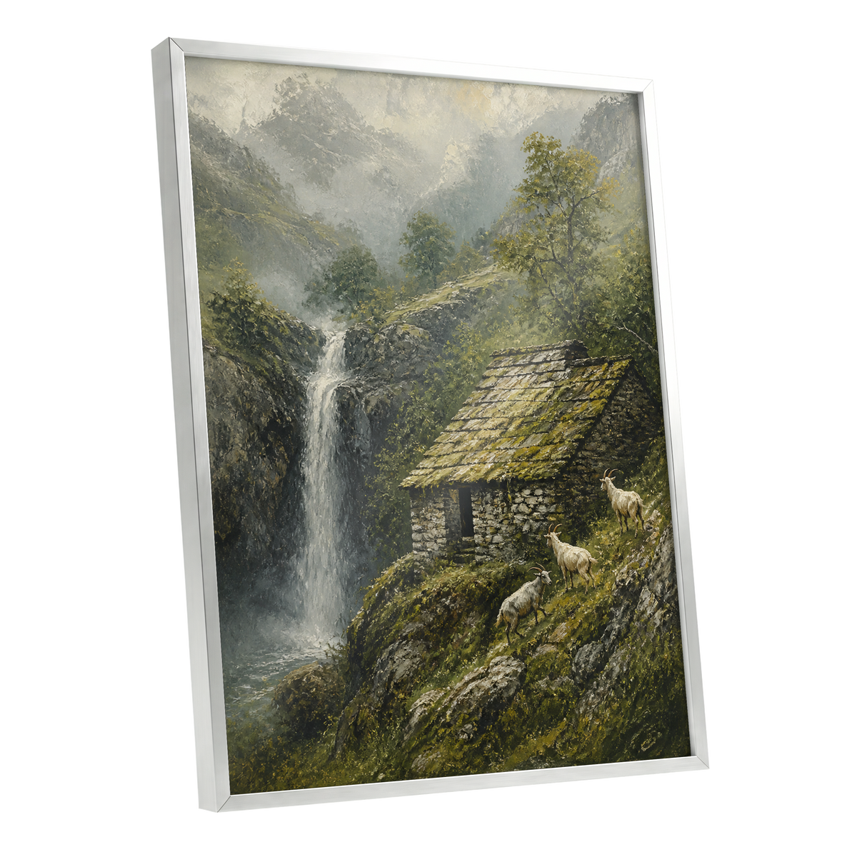 Misty Mountain Refuge, green, gray, beige nature wall art shown as a silver framed poster wall art print