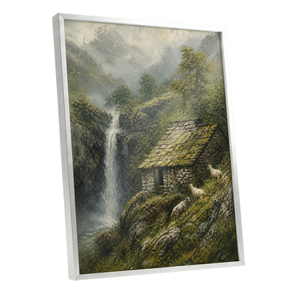 Misty Mountain Refuge, green, gray, beige nature wall art shown as a silver framed poster wall art print
