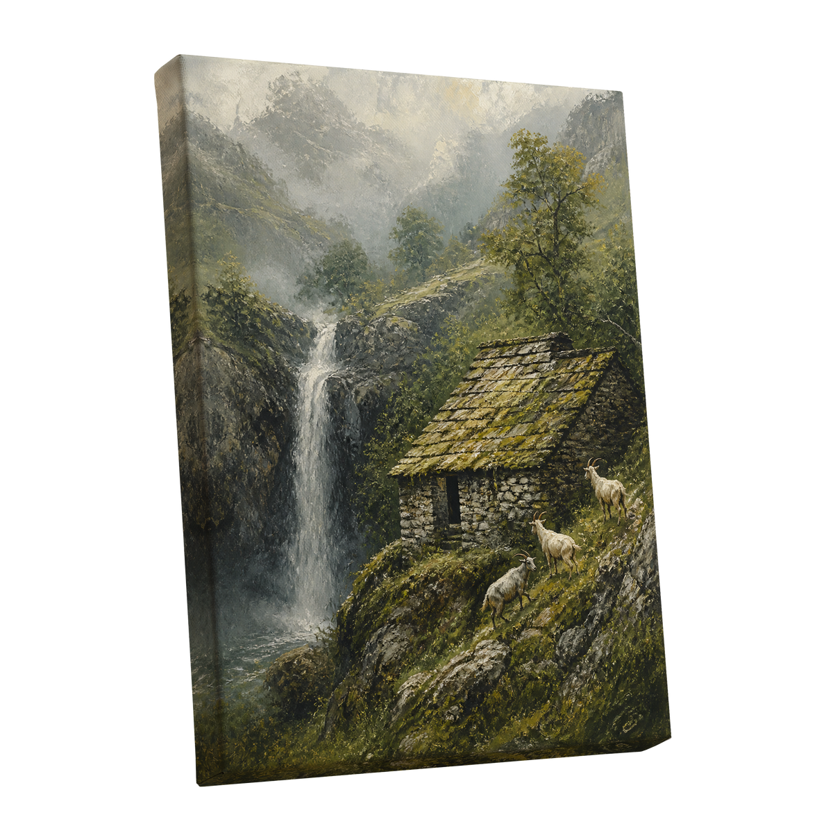 Misty Mountain Refuge, green, gray, beige nature wall art shown as a stretched canvas wall art