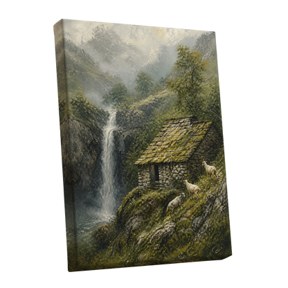 Misty Mountain Refuge, green, gray, beige nature wall art shown as a stretched canvas wall art