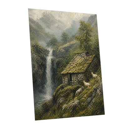 Misty Mountain Refuge, green, gray, beige nature wall art shown as a unframed poster wall art print