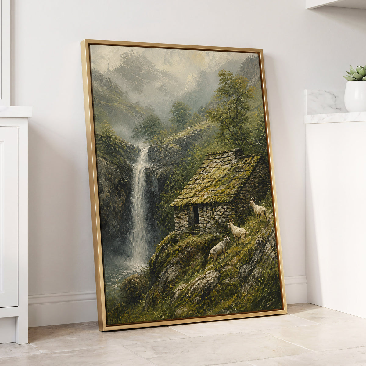 Misty Mountain Refuge, green, gray, beige nature wall art displayed in a styled interior, gallery view 1