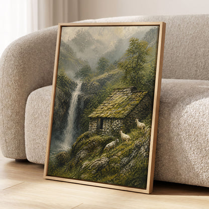 Misty Mountain Refuge, green, gray, beige nature wall art displayed in a styled interior, gallery view 2