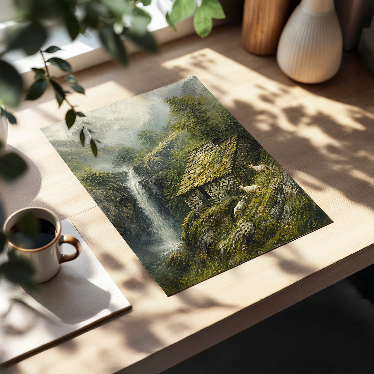 Misty Mountain Refuge, green, gray, beige nature wall art displayed in a styled interior, gallery view 3
