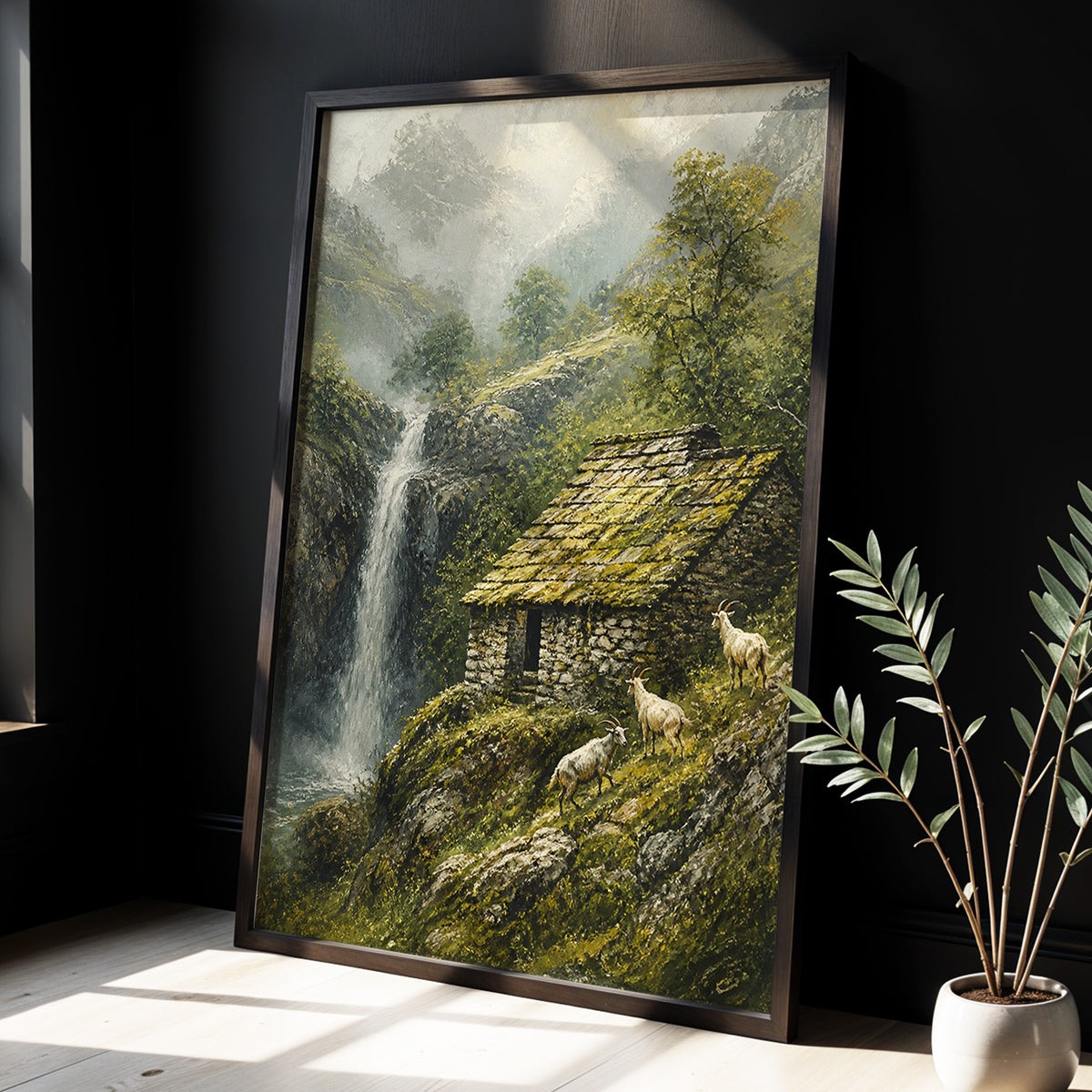 Misty Mountain Refuge, green, gray, beige nature wall art displayed in a styled interior, gallery view 4