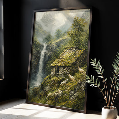 Misty Mountain Refuge, green, gray, beige nature wall art displayed in a styled interior, gallery view 4