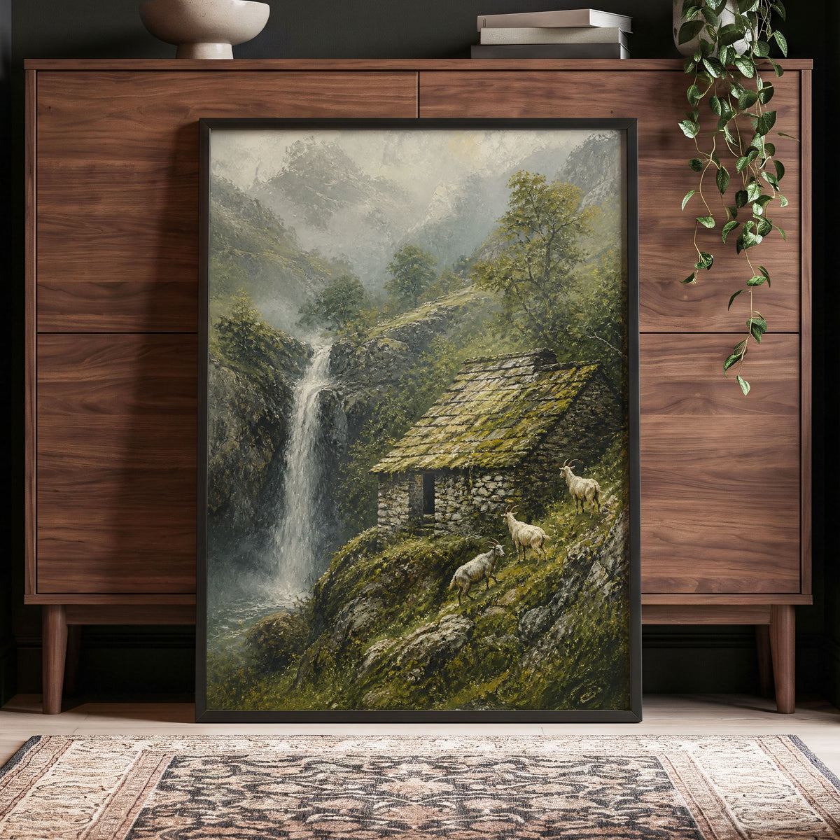 Misty Mountain Refuge, green, gray, beige nature wall art displayed in a styled interior, gallery view 5