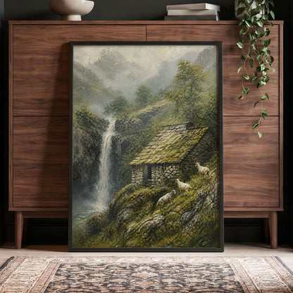 Misty Mountain Refuge, green, gray, beige nature wall art displayed in a styled interior, gallery view 5
