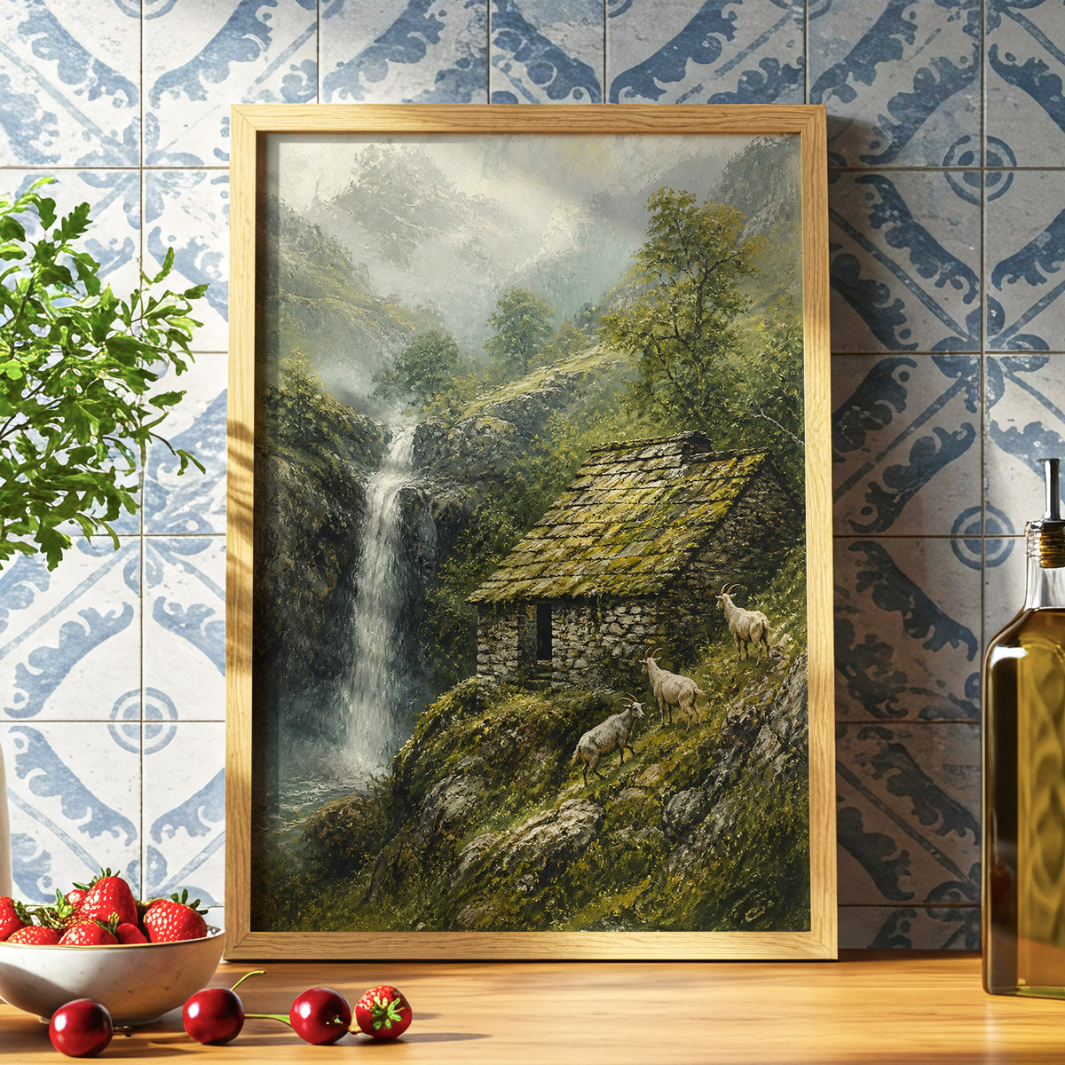 Misty Mountain Refuge, green, gray, beige nature wall art displayed in a styled interior, gallery view 6