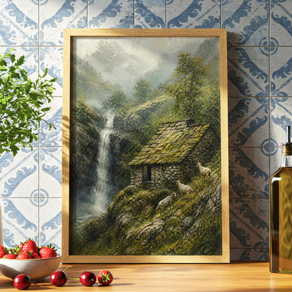 Misty Mountain Refuge, green, gray, beige nature wall art displayed in a styled interior, gallery view 6