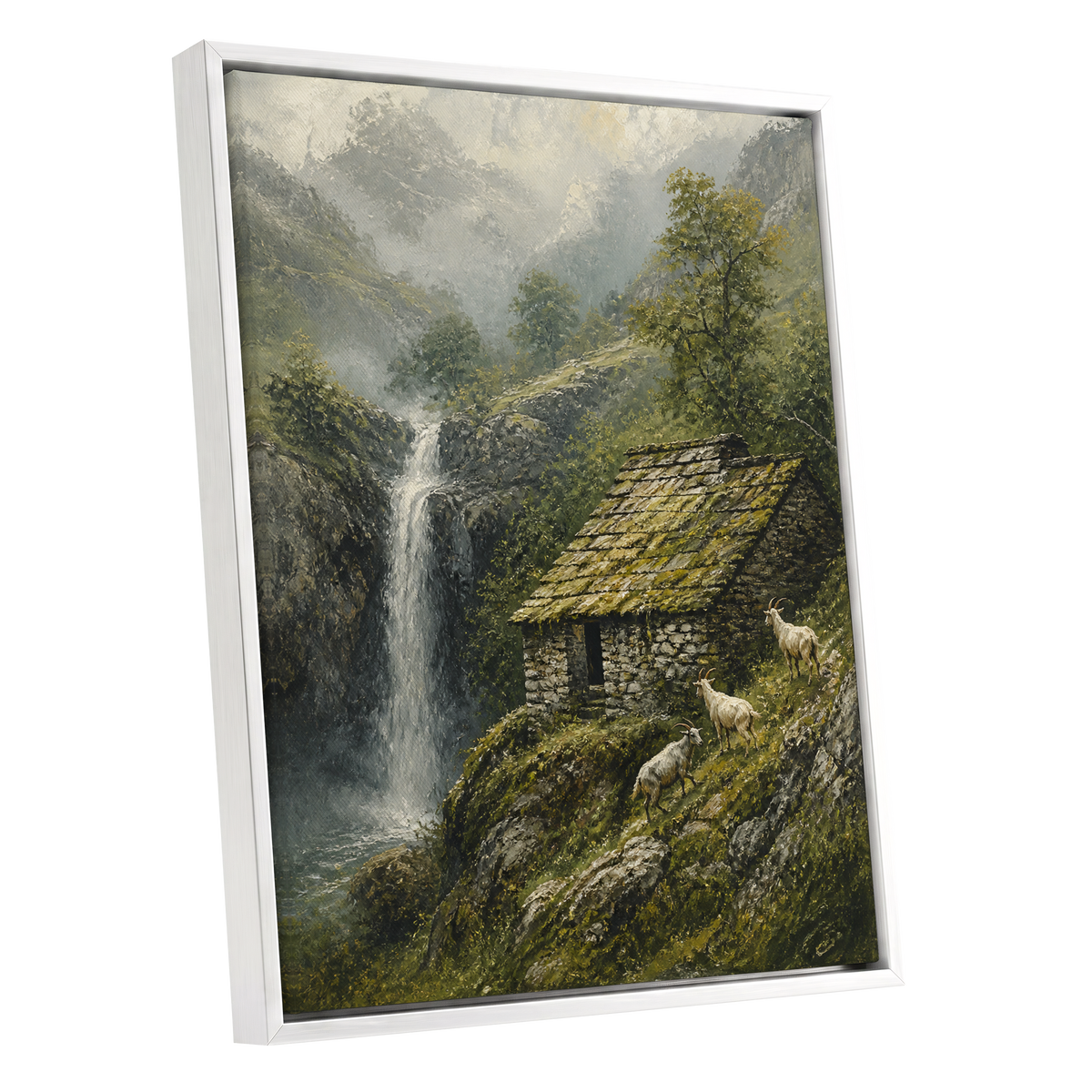 Misty Mountain Refuge, green, gray, beige nature wall art shown as a white framed canvas wall art
