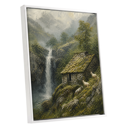 Misty Mountain Refuge, green, gray, beige nature wall art shown as a white framed canvas wall art