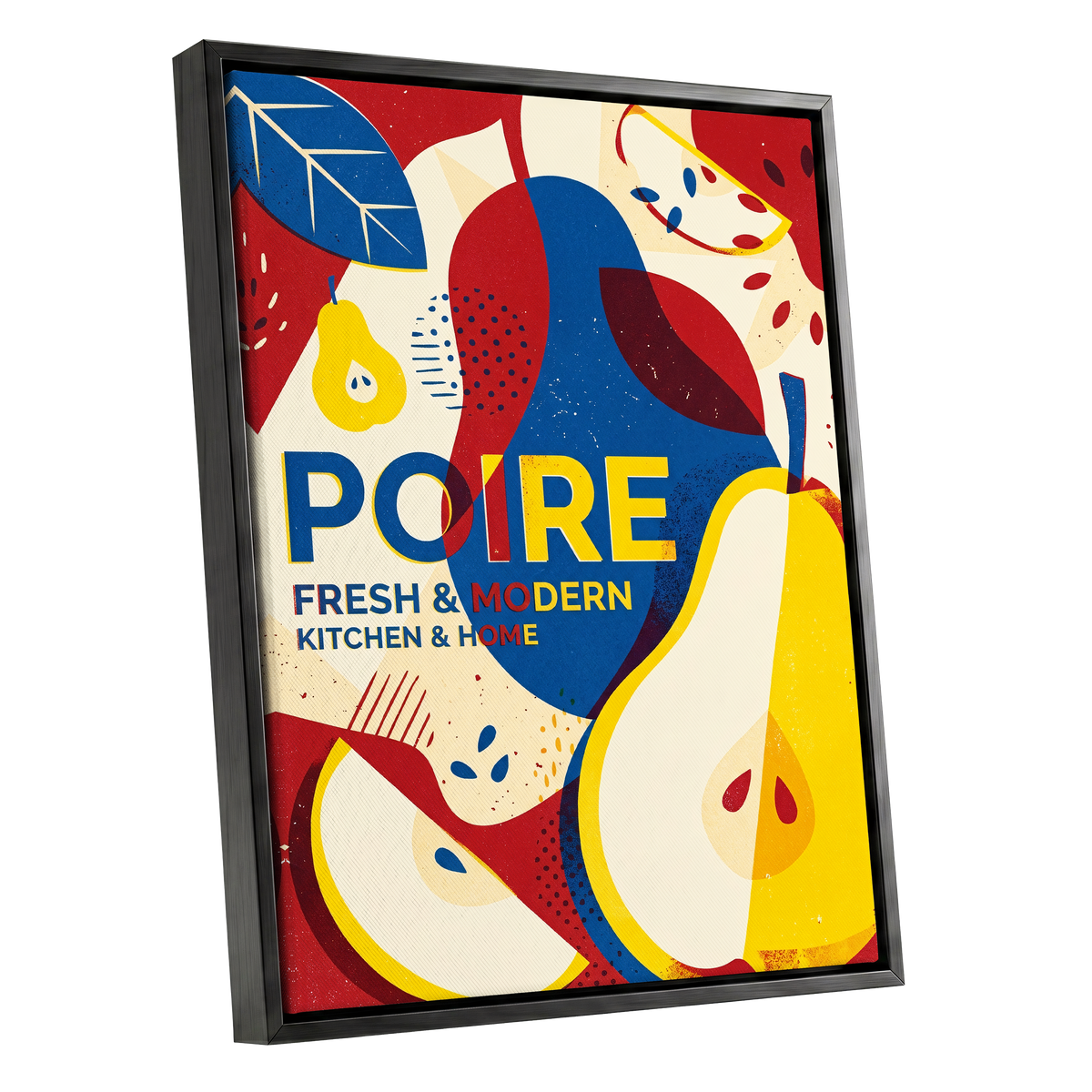 Modernist Pears, red, blue, yellow nature wall art shown as a black framed canvas wall art