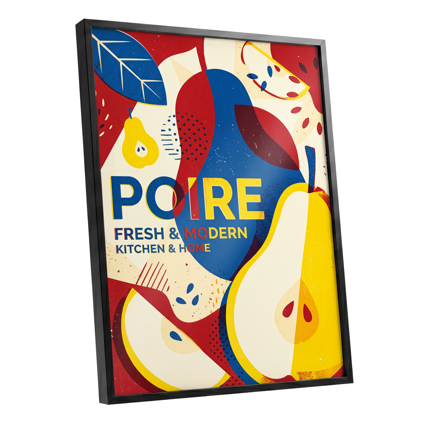 Modernist Pears, red, blue, yellow nature wall art shown as a black framed poster wall art print