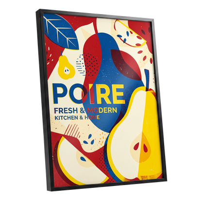 Modernist Pears, red, blue, yellow nature wall art shown as a black framed poster wall art print