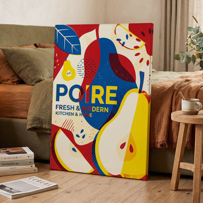 Modernist Pears, red, blue, yellow nature wall art on canvas displayed in a styled interior, gallery view 2