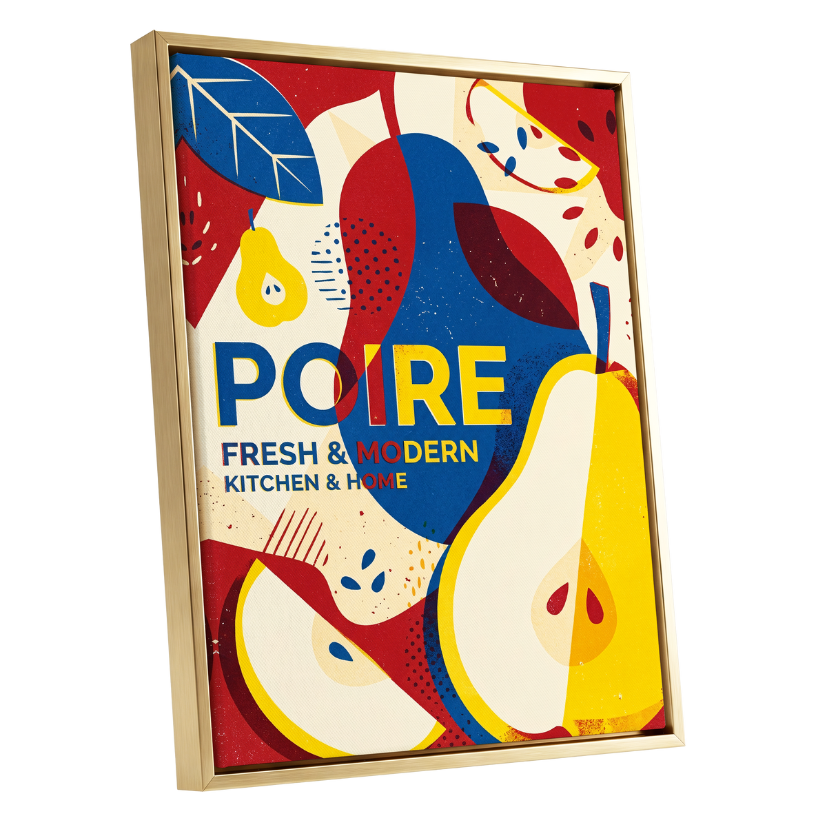 Modernist Pears, red, blue, yellow nature wall art shown as a gold framed canvas wall art