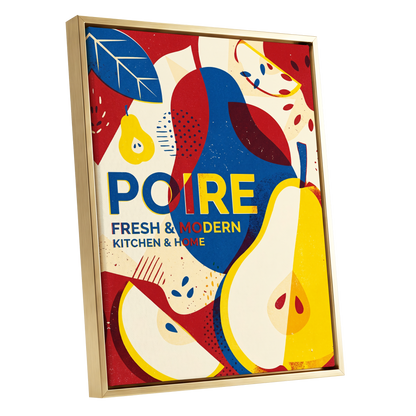 Modernist Pears, red, blue, yellow nature wall art shown as a gold framed canvas wall art