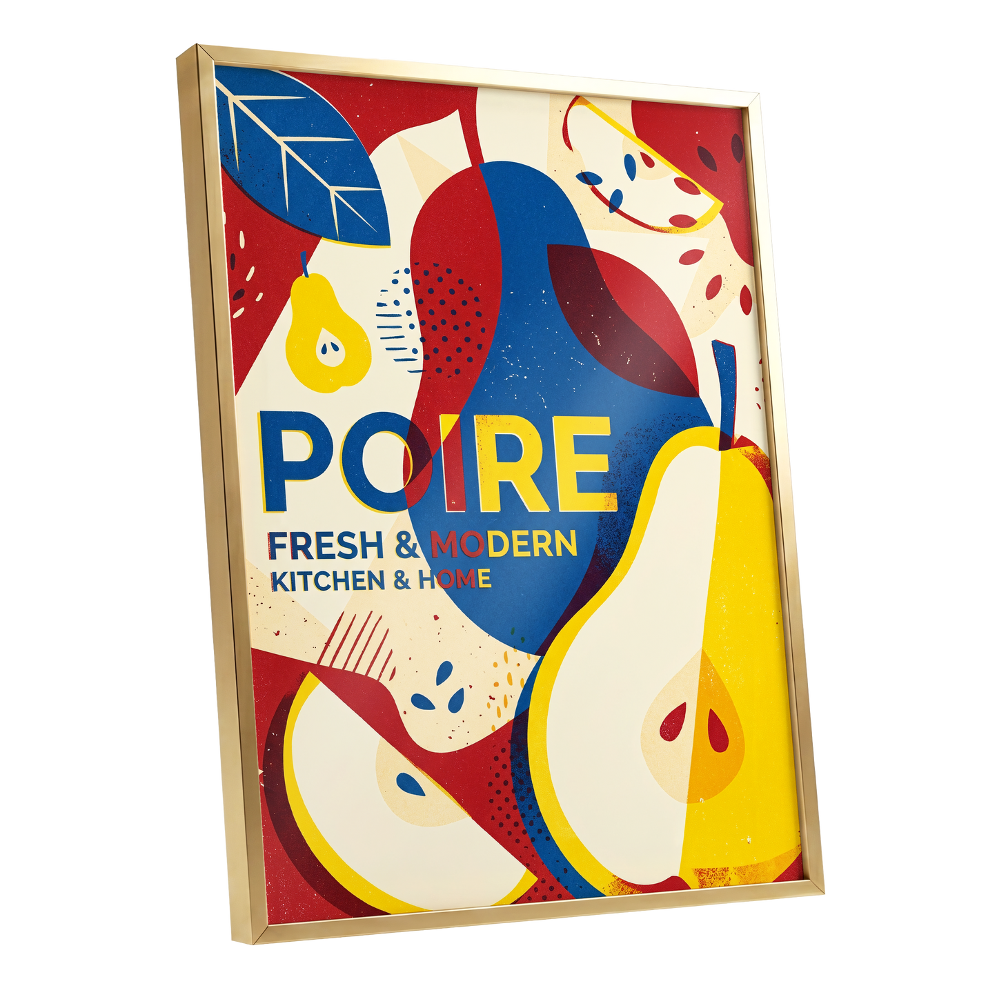 Modernist Pears, red, blue, yellow nature wall art shown as a gold framed poster wall art print